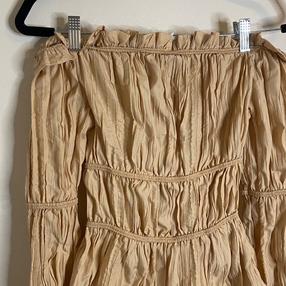 Song Of Style Ruched Off the Shoulder Top Long Sleeve Bell Sleeve Tan Size XS - Picture 3 of 8